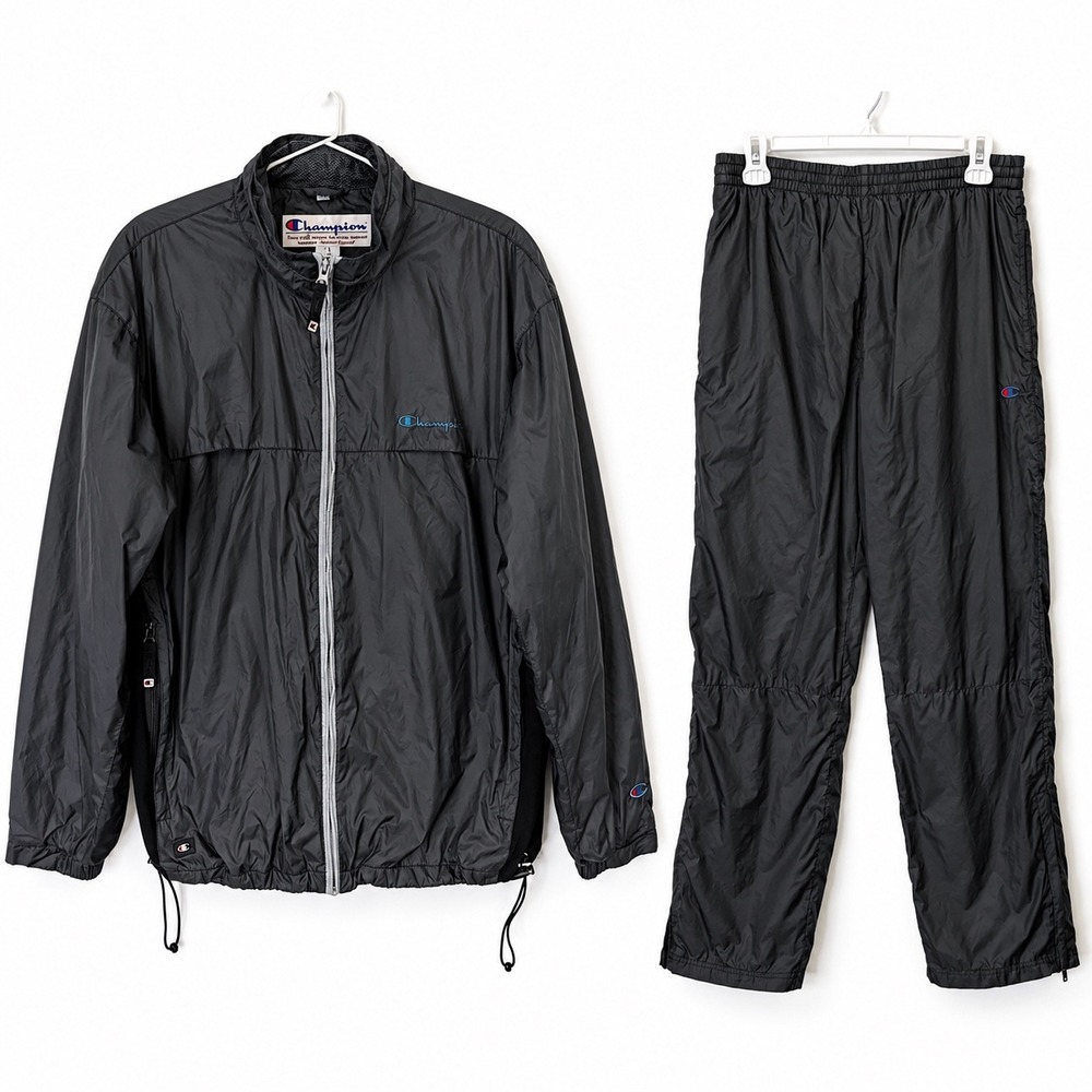Vintage 90s Champion Windbreaker Tracksuit Set Men's M Black Jacket Pants Y2K